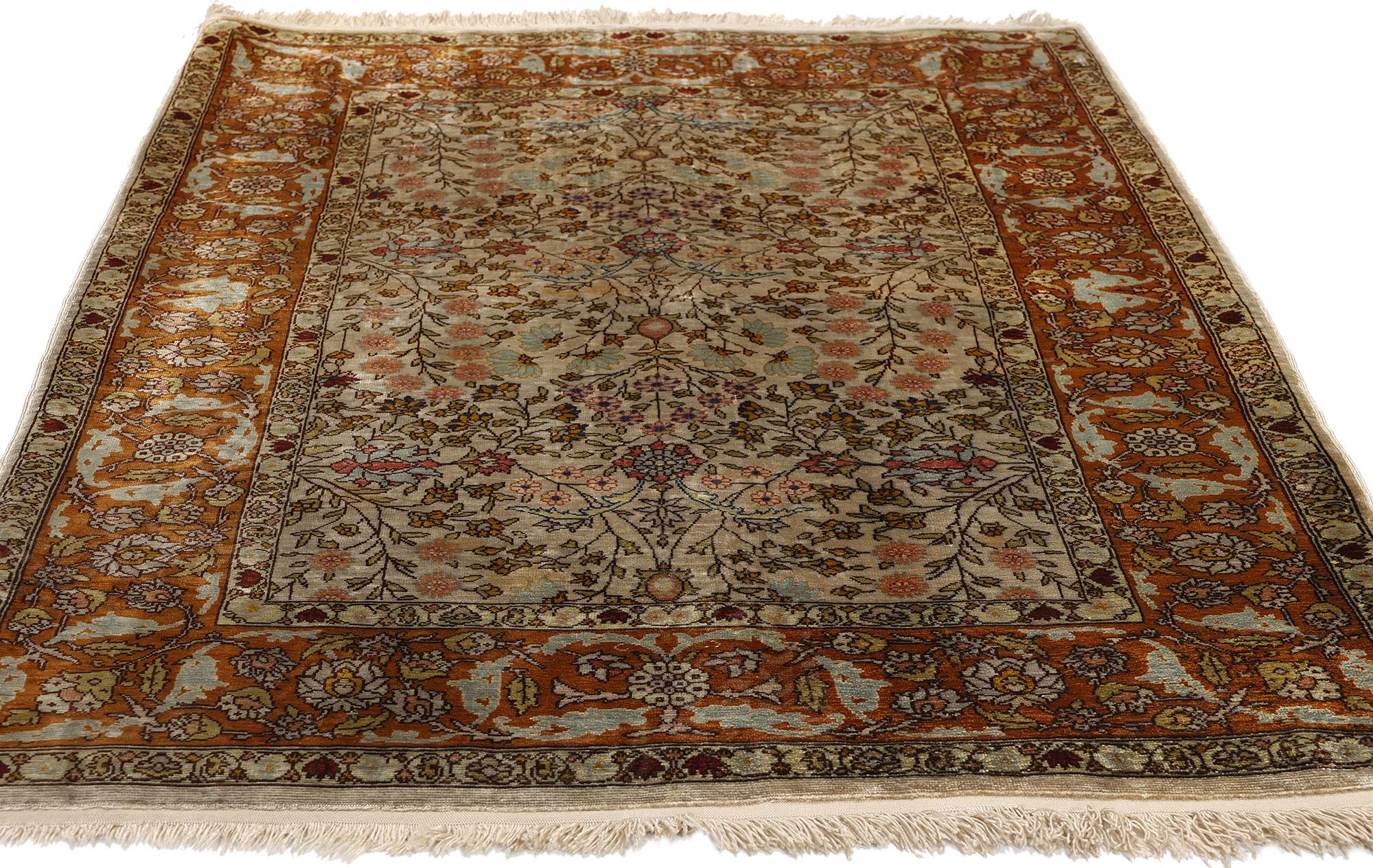 20th Century Signed Vintage Turkish Silk Hereke Rug, Flower of the Seven Mountains For Sale