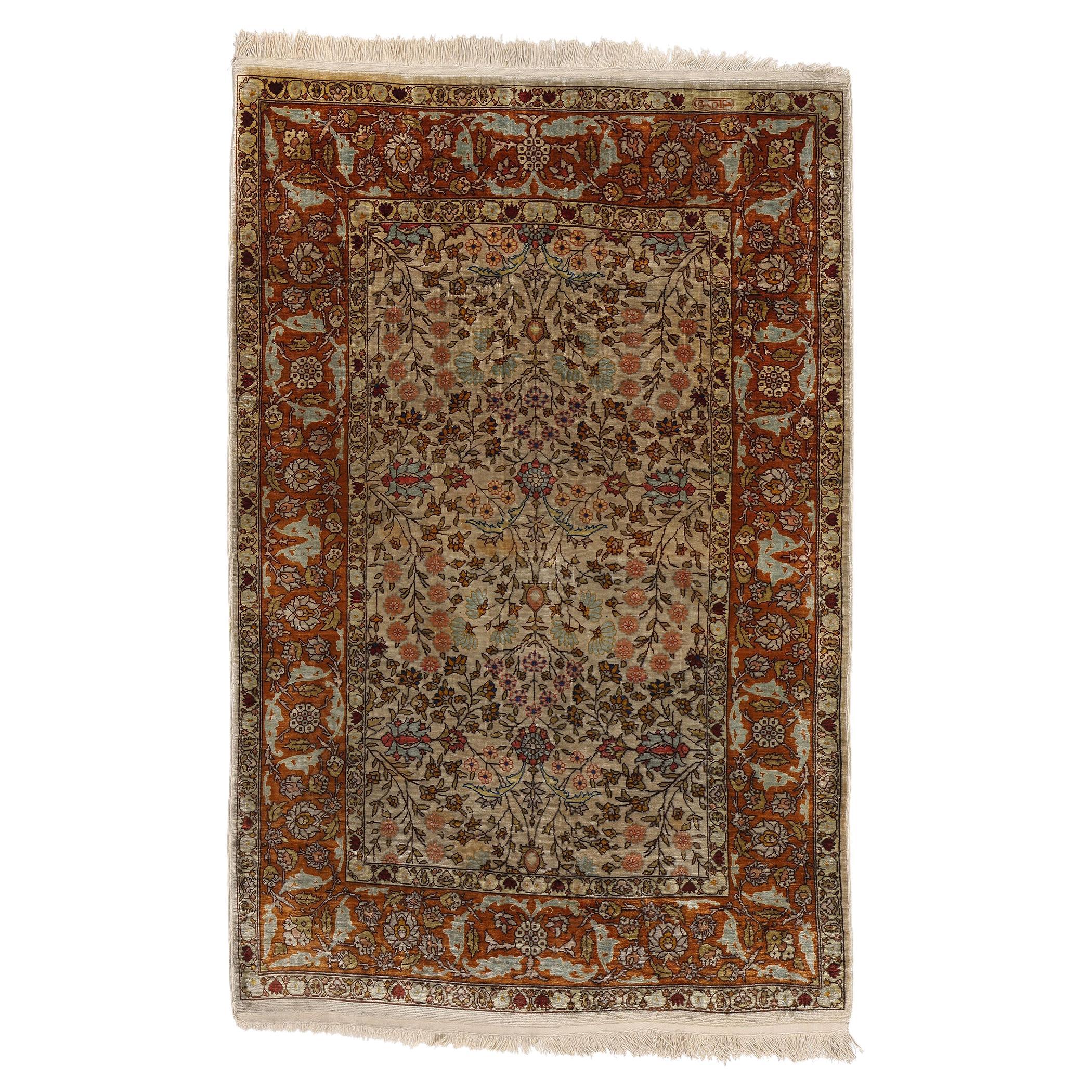 Signed Vintage Turkish Silk Hereke Rug, Flower of the Seven Mountains For Sale