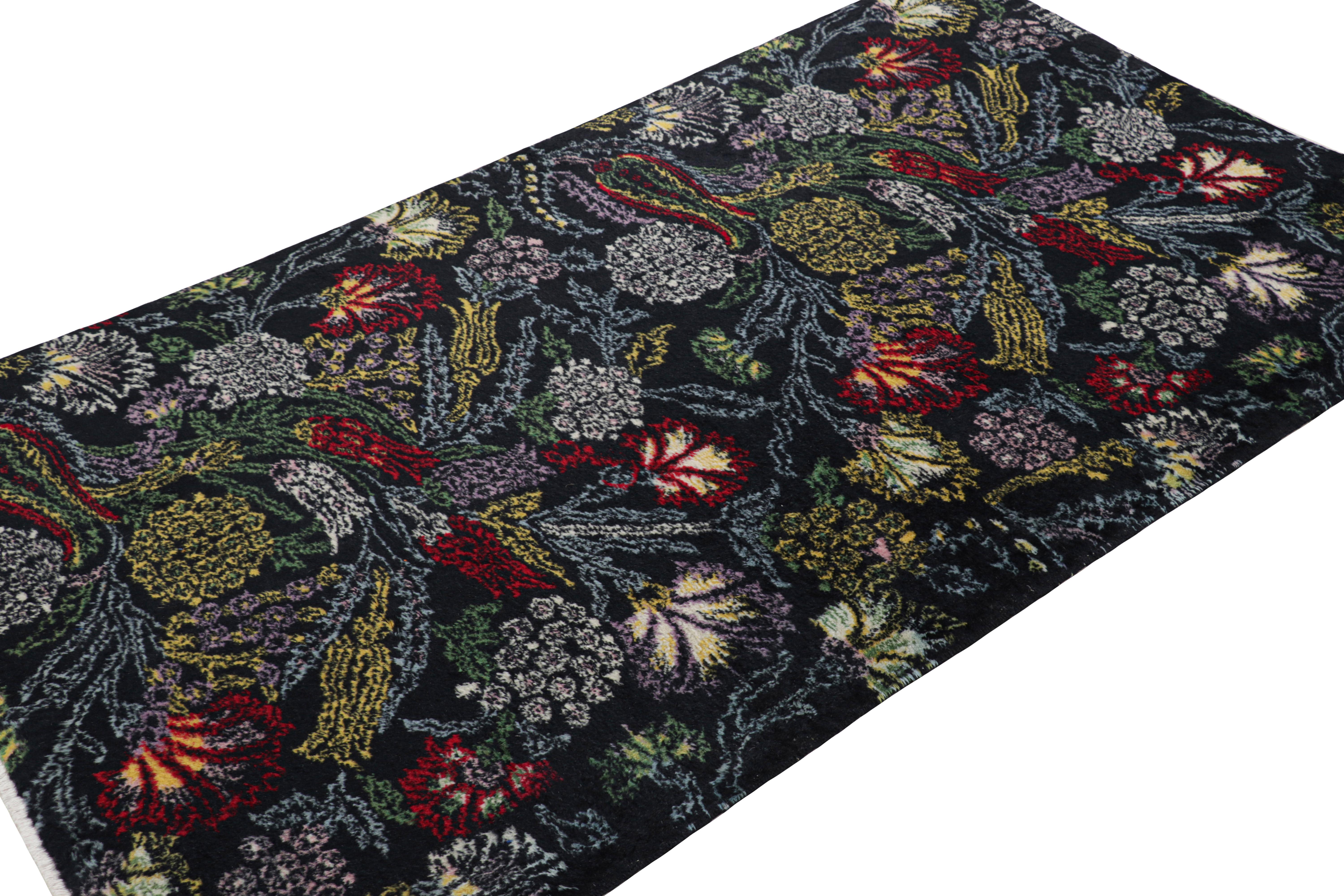 Hand-Knotted Signed Vintage Zeki Müren Rug in Dark Blue with Floral Pattern For Sale