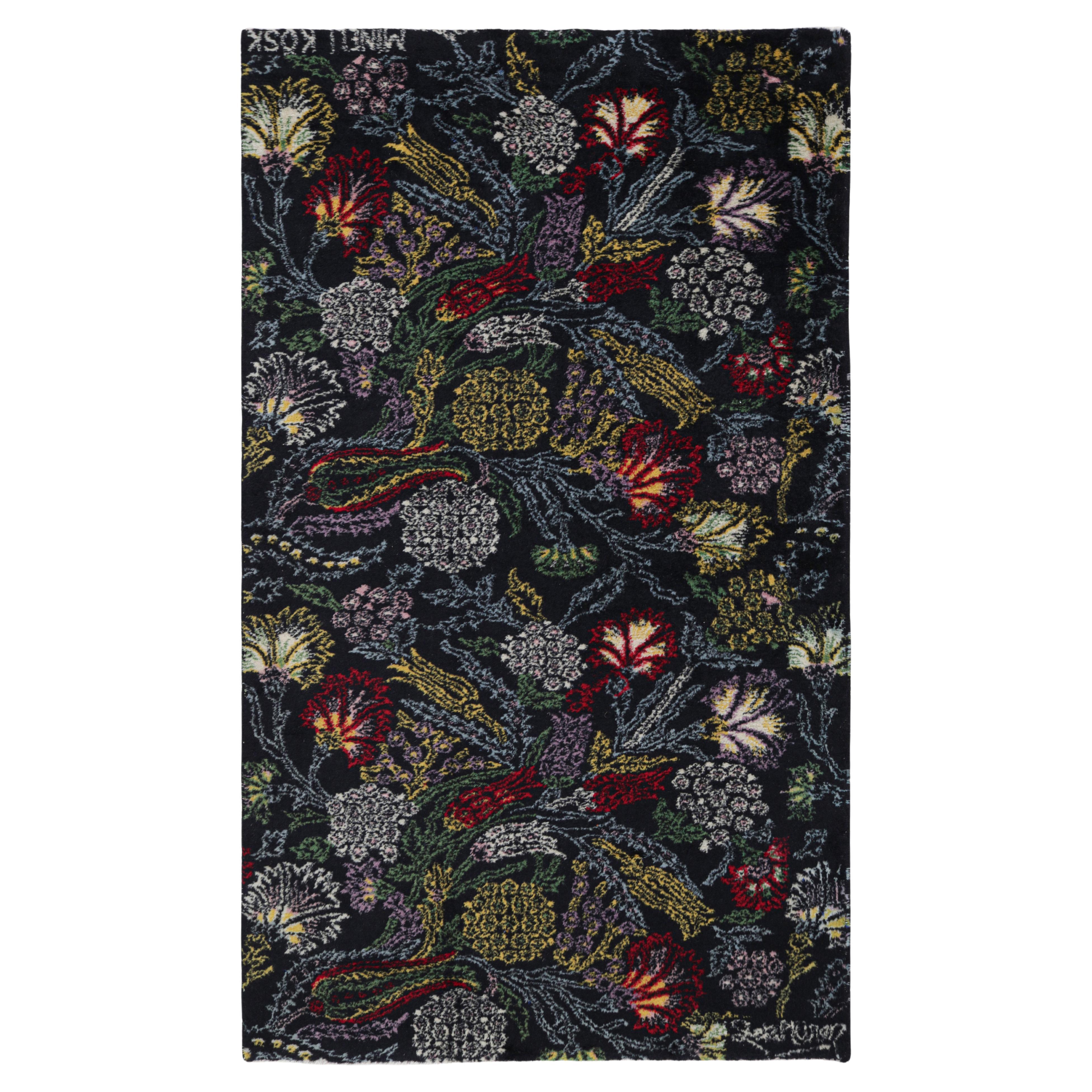 Signed Vintage Zeki Müren Rug in Dark Blue with Floral Pattern For Sale
