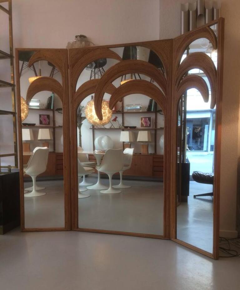 Late 20th Century Signed Vivai del Sud Bamboo Palm Trees Mirrored Screen, Italy, 1970s For Sale