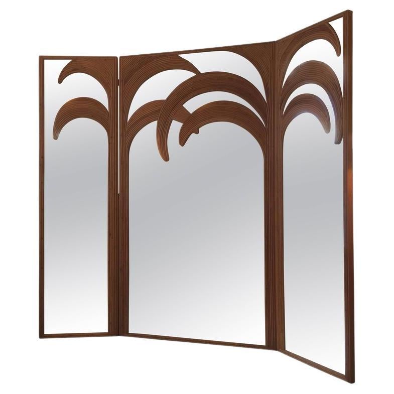 Signed Vivai del Sud Bamboo Palm Trees Mirrored Screen, Italy, 1970s For Sale