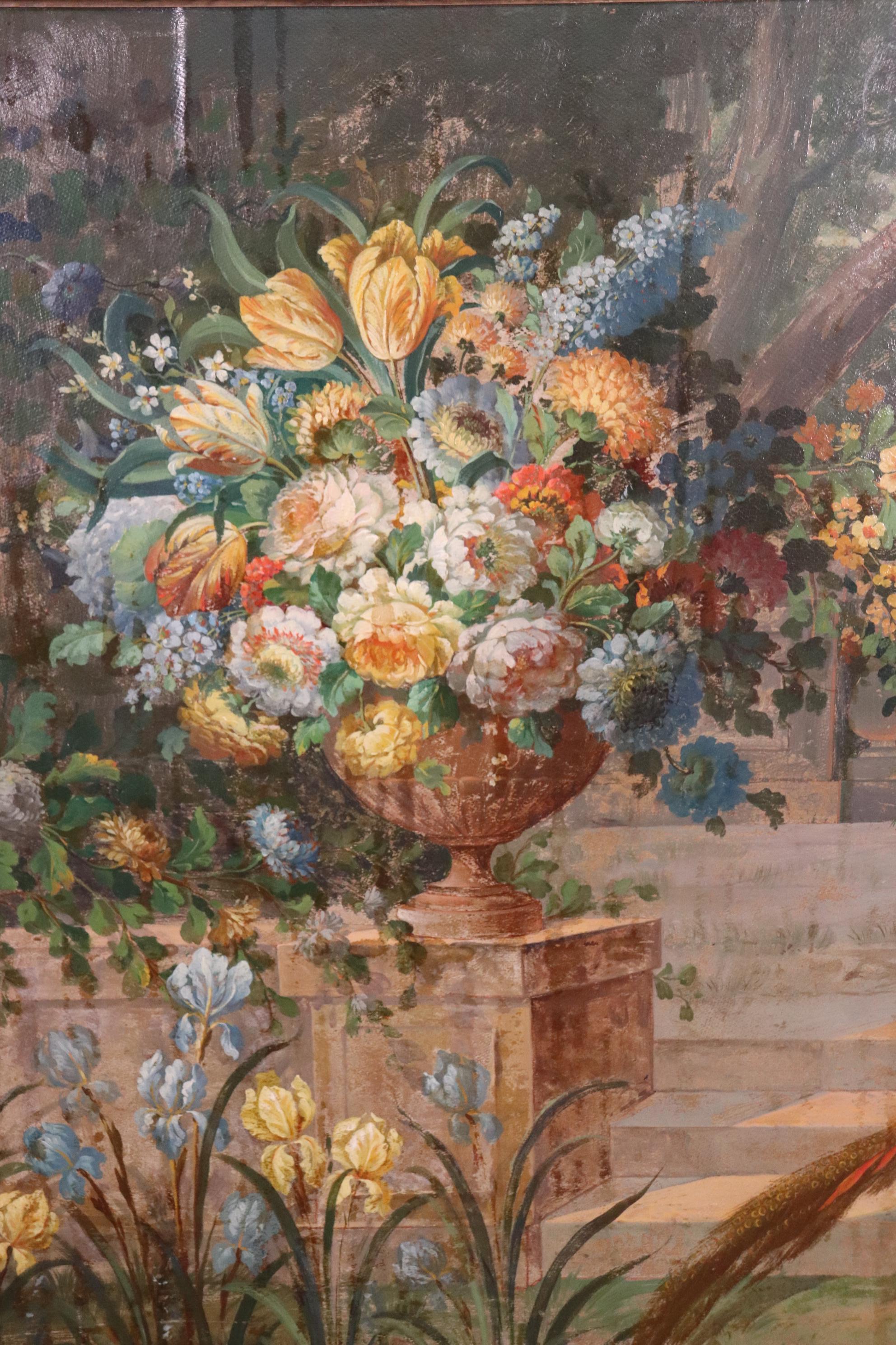 Signed Vladimir Pavlosky Oil on Canvas of Peackcock and Flowers Dated 1927 In Good Condition For Sale In Swedesboro, NJ