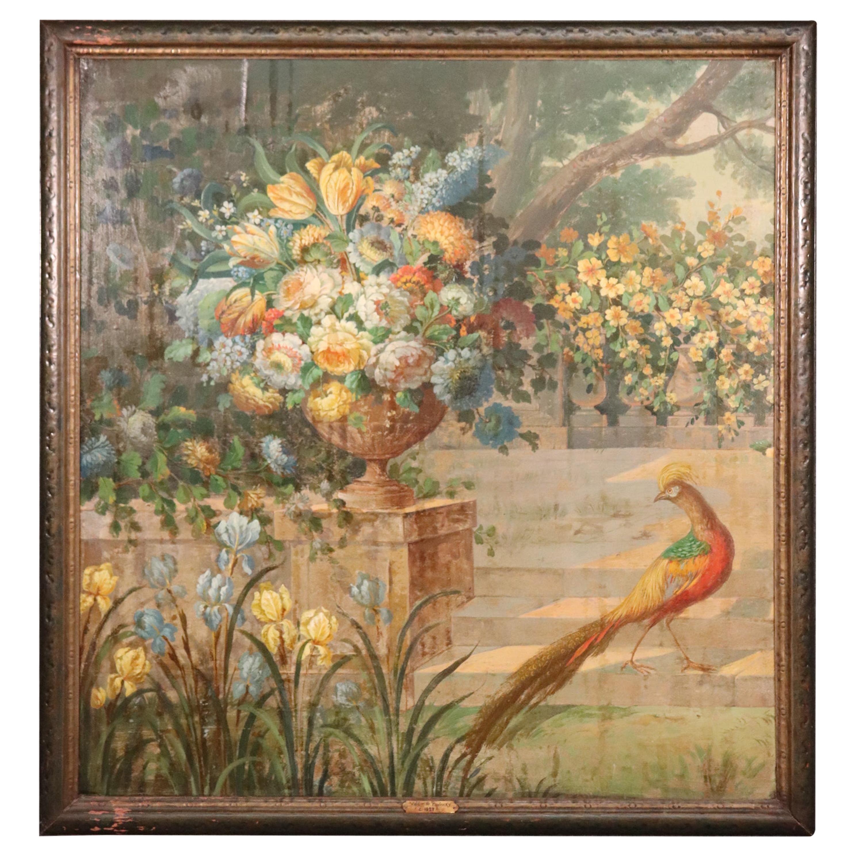 Signed Vladimir Pavlosky Oil on Canvas of Peackcock and Flowers Dated 1927 For Sale
