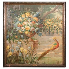 Antique Signed Vladimir Pavlosky Oil on Canvas of Peackcock and Flowers Dated 1927