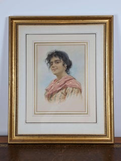 Ritratto ad acquerello firmato di una signora, opera dell'artista italiano Vittorio Tessari