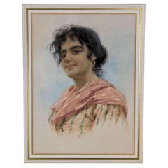 Ritratto ad acquerello firmato di una signora, opera dell'artista italiano Vittorio Tessari