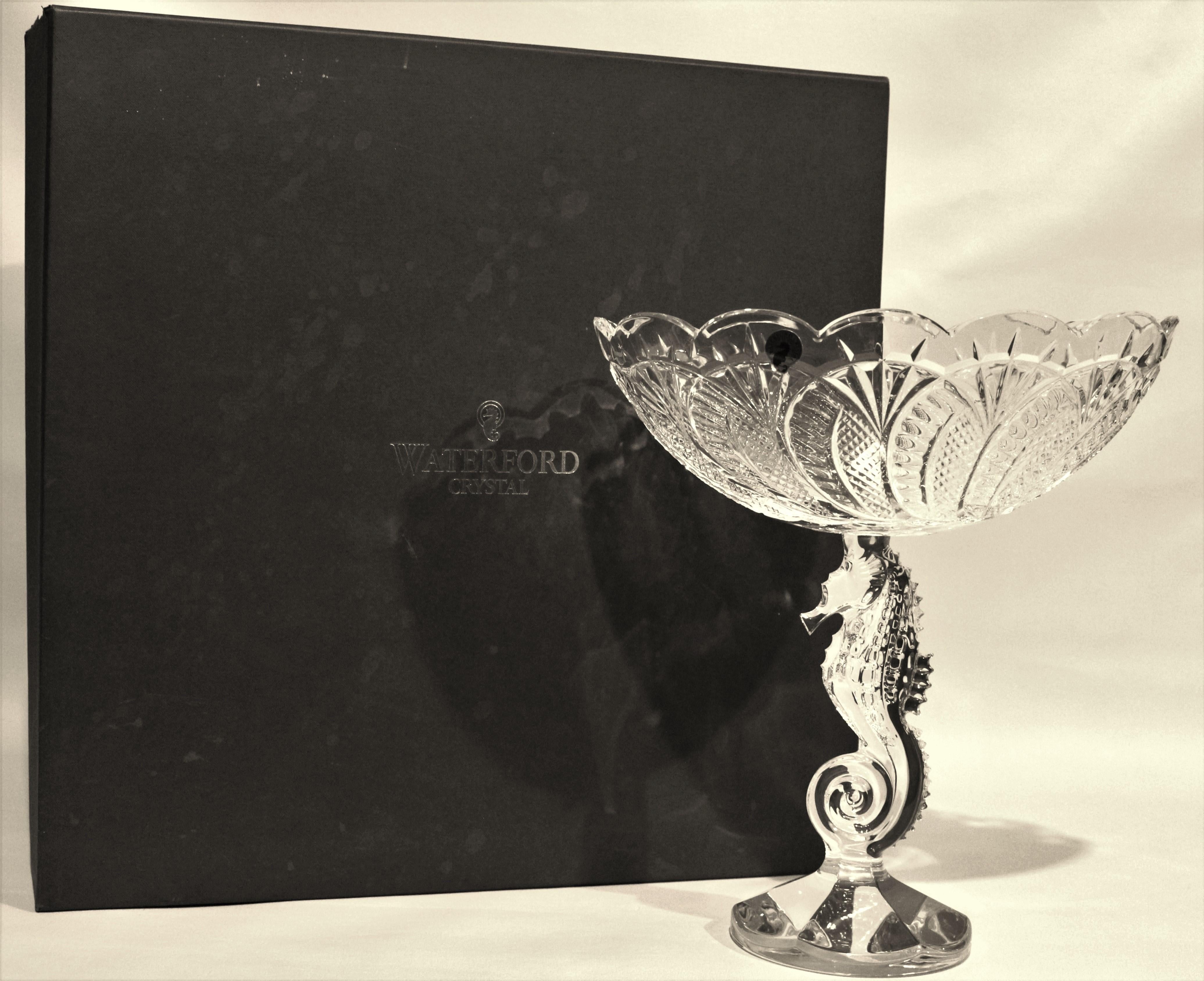 Waterford Crystal Footed Centerpiece Bowl with Seahorse Motif and Original Box In Good Condition In Hamilton, Ontario