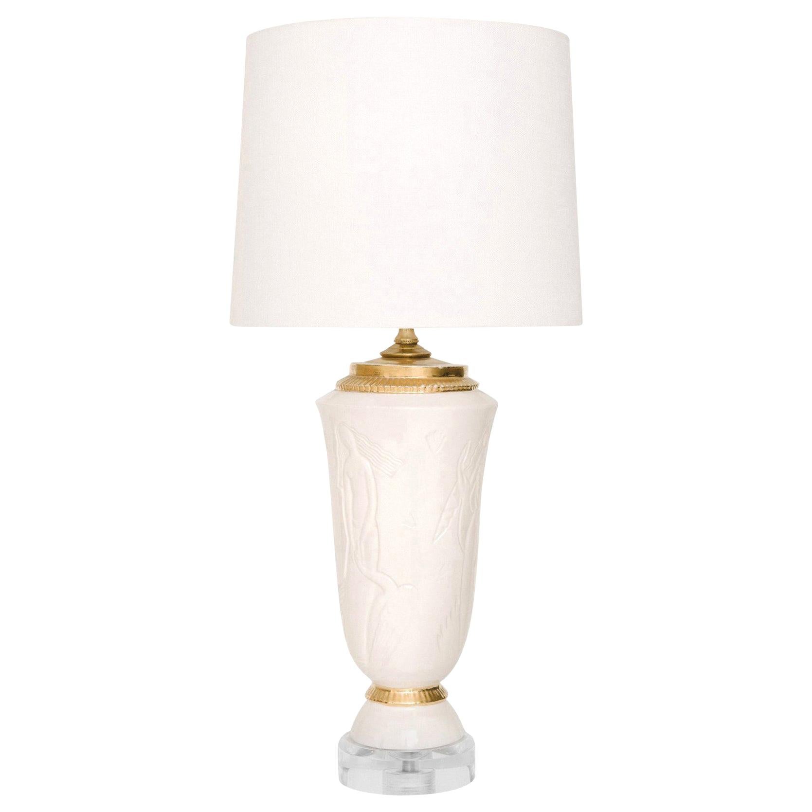 Signed Waylande Gregory White Ceramic Gold Gilt Lamp with White Linen Shade