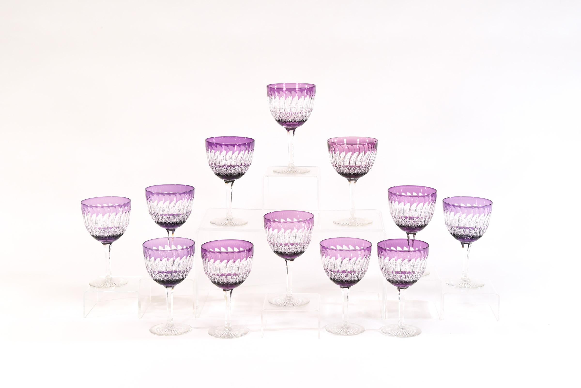 This is a rare and amazing amethyst overlay cut to clear stemware service for 12 made and signed by Webb ca. 1920's. The 36 piece set consists of large scale goblets including water, wines and champagnes-everything you need for a perfect table