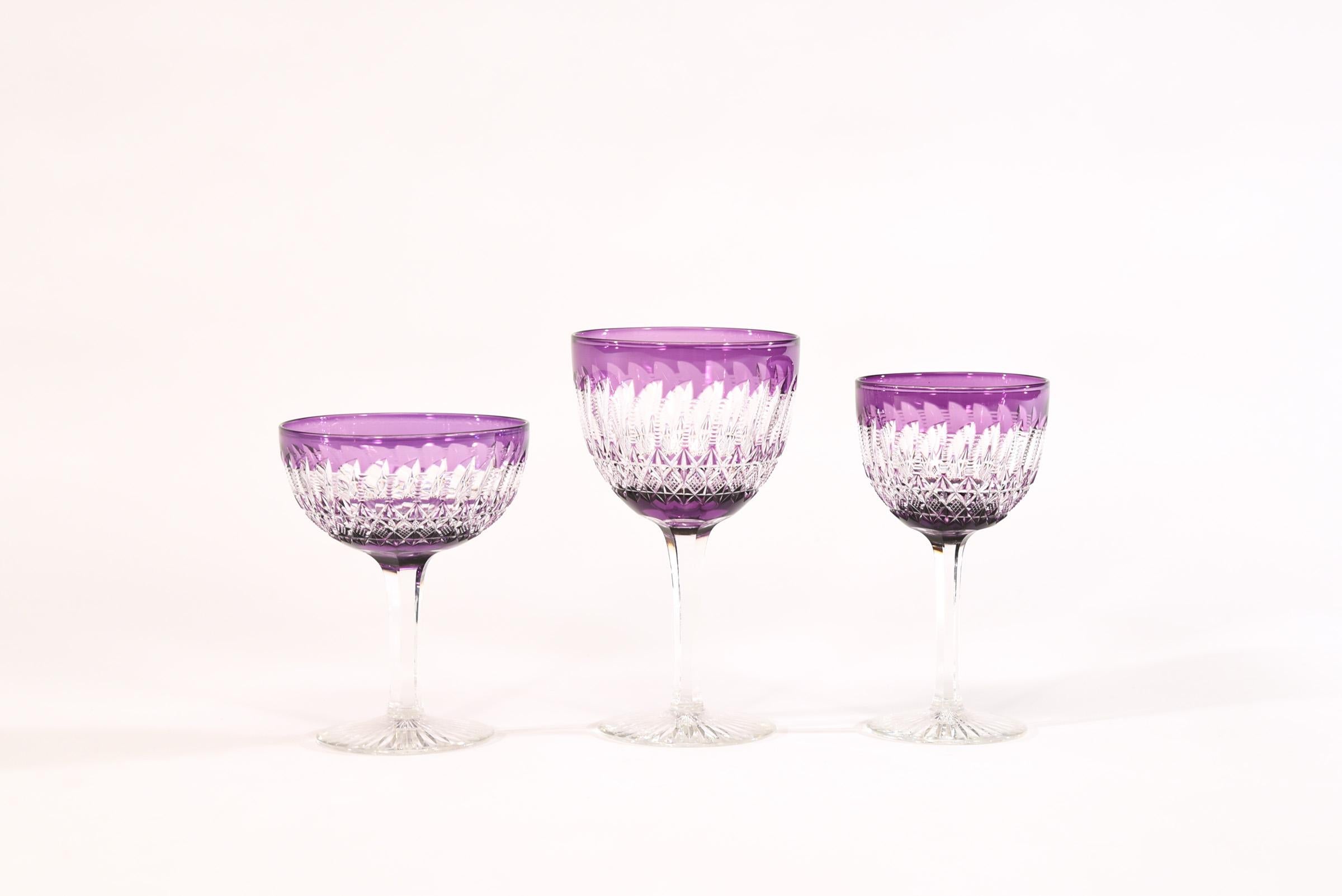 Art Deco Signed Webb 36 Pc Set Hand Blown Amethyst Cut to Clear Crystal Stemware Service For Sale
