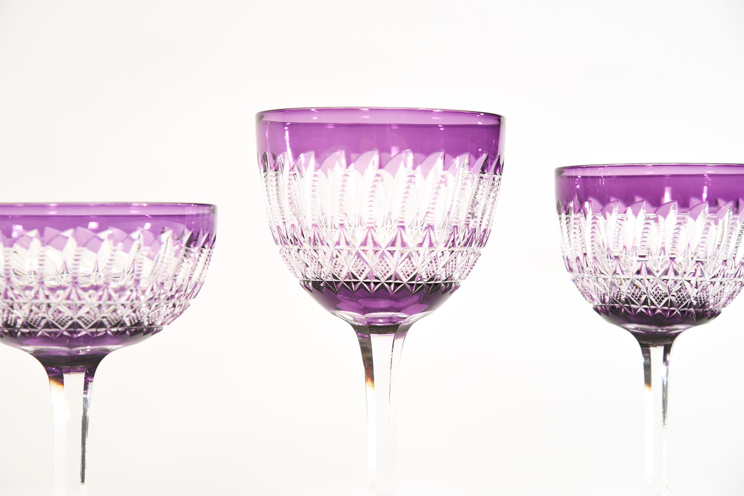 English Signed Webb 36 Pc Set Hand Blown Amethyst Cut to Clear Crystal Stemware Service For Sale