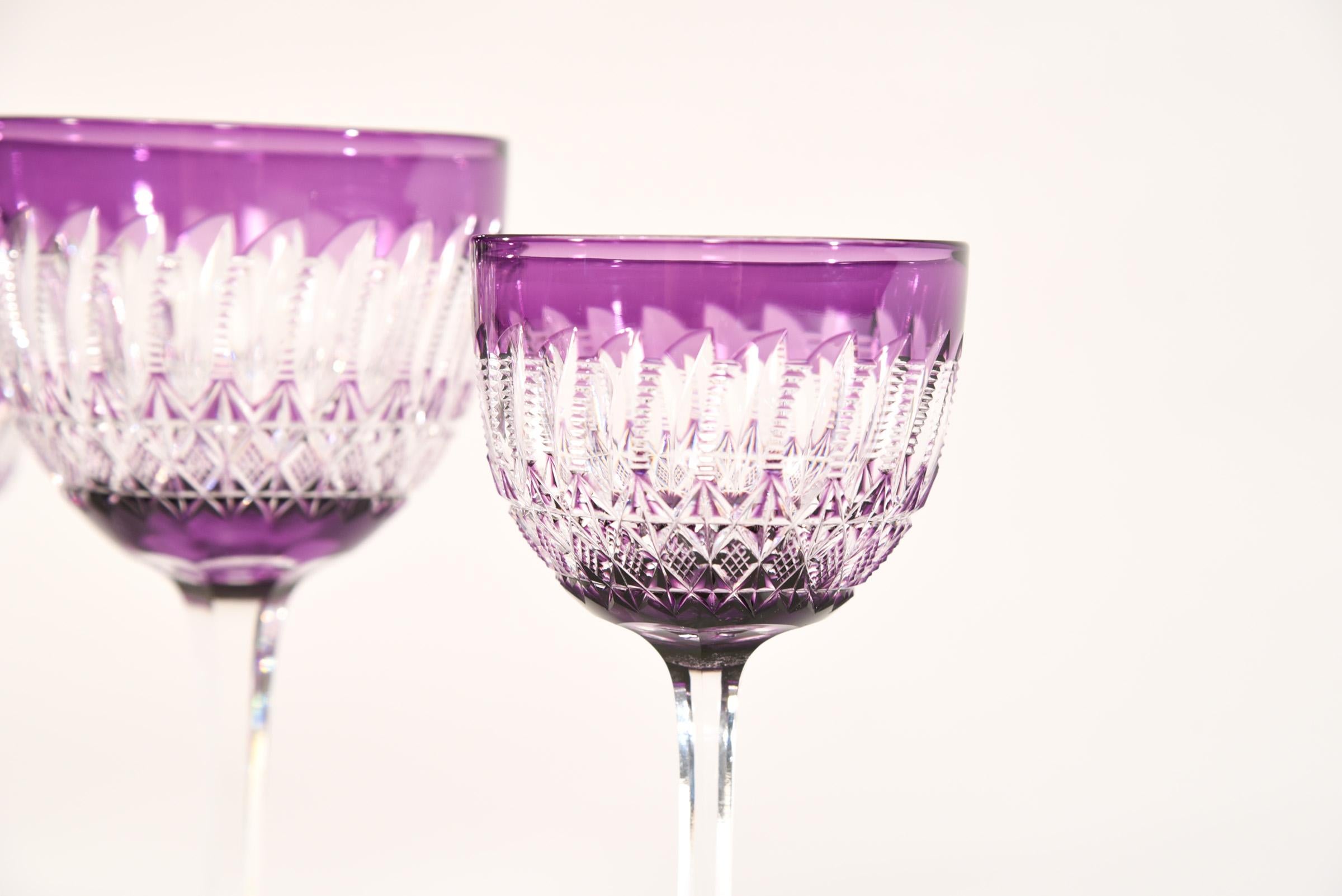 Faceted Signed Webb 36 Pc Set Hand Blown Amethyst Cut to Clear Crystal Stemware Service For Sale