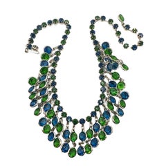 Signed Weiss Vintage Blue & Green Glass Multi-Drops Charm Necklace Earrings Set