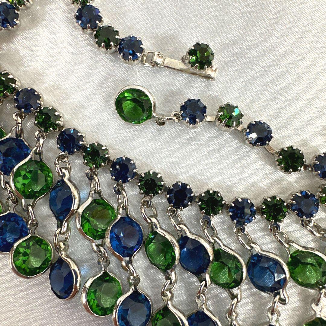 Women's Signed Weiss Vintage Blue & Green Glass Multi-Drops Charm Necklace Earrings Set For Sale