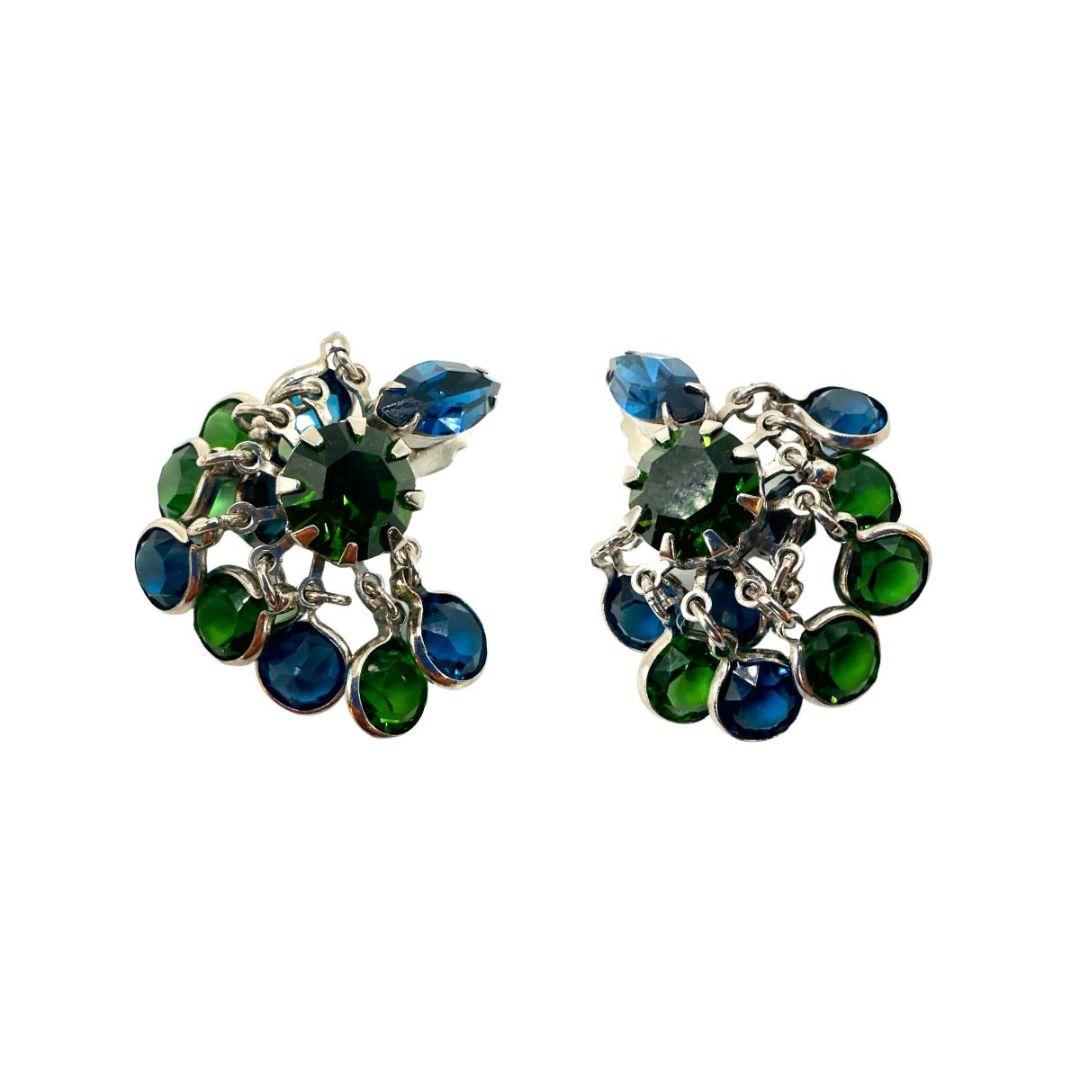 Signiert Weiss Vintage Blaues & Grünes Glas Multi-Drops Charm Halskette Ohrringe Set im Angebot 1