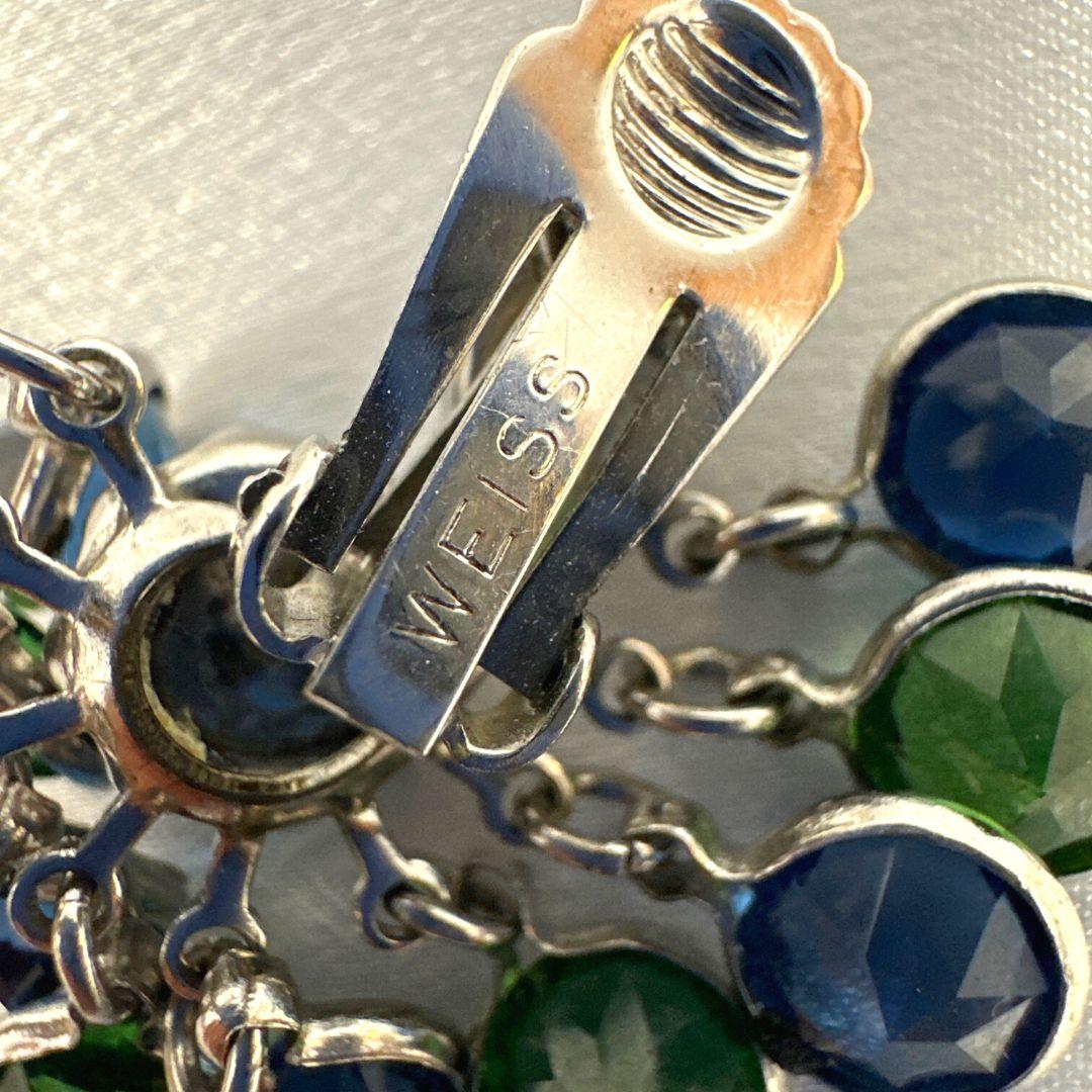 Signiert Weiss Vintage Blaues & Grünes Glas Multi-Drops Charm Halskette Ohrringe Set im Angebot 3