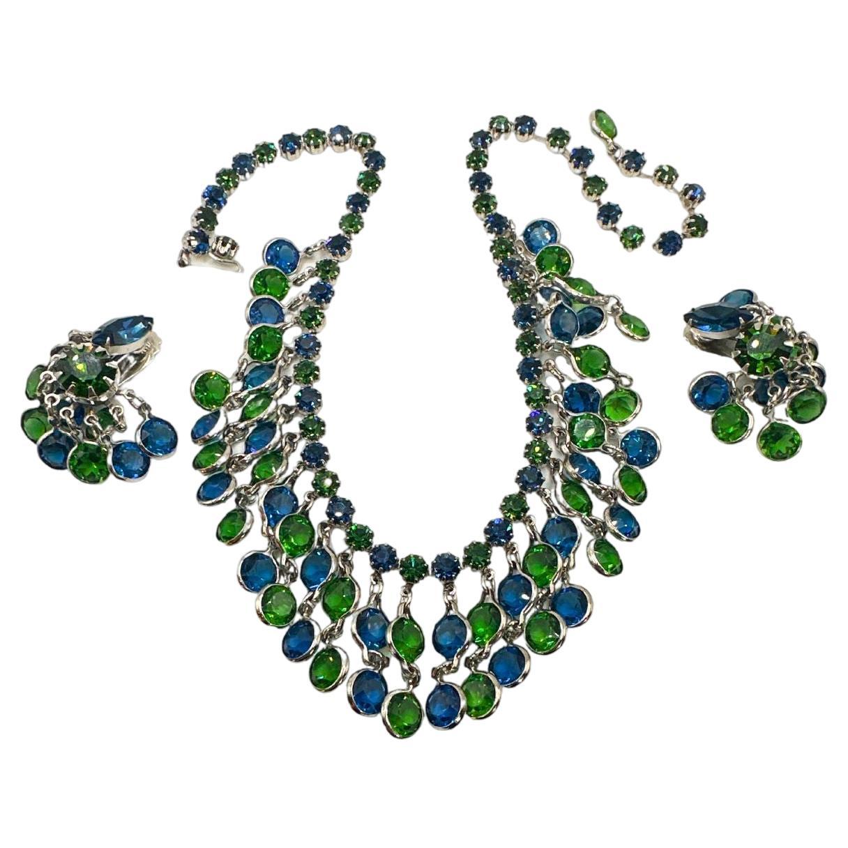 Signed Weiss Vintage Blue & Green Glass Multi-Drops Charm Necklace Earrings Set For Sale