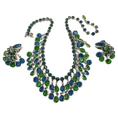 Signed Weiss Vintage Blue & Green Glass Multi-Drops Charm Necklace Earrings Set