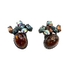 Signed Weiss Vintage Multi-Color Glass and Rhinestone Clip on Earrings
