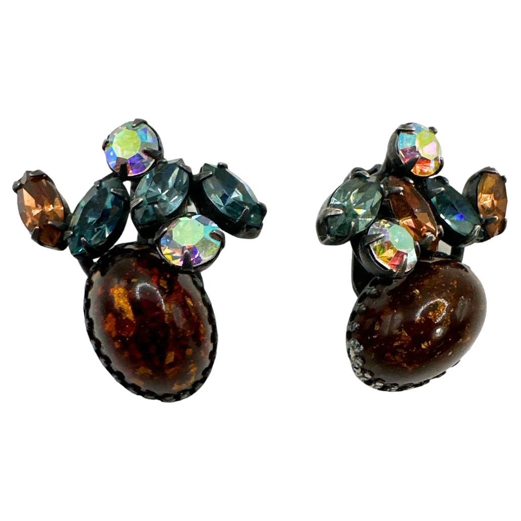 Signed Weiss Vintage Multi-Color Glass and Rhinestone Clip on Earrings For Sale