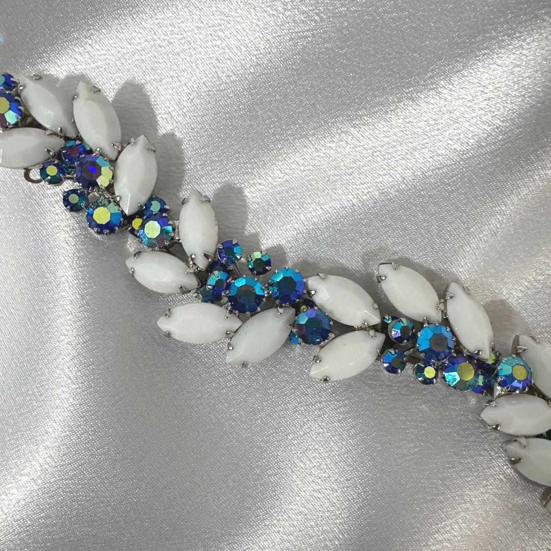 Art Deco Signed Weiss  White & Blue  Glass & Rhinestone Vintage Link Bracelet For Sale