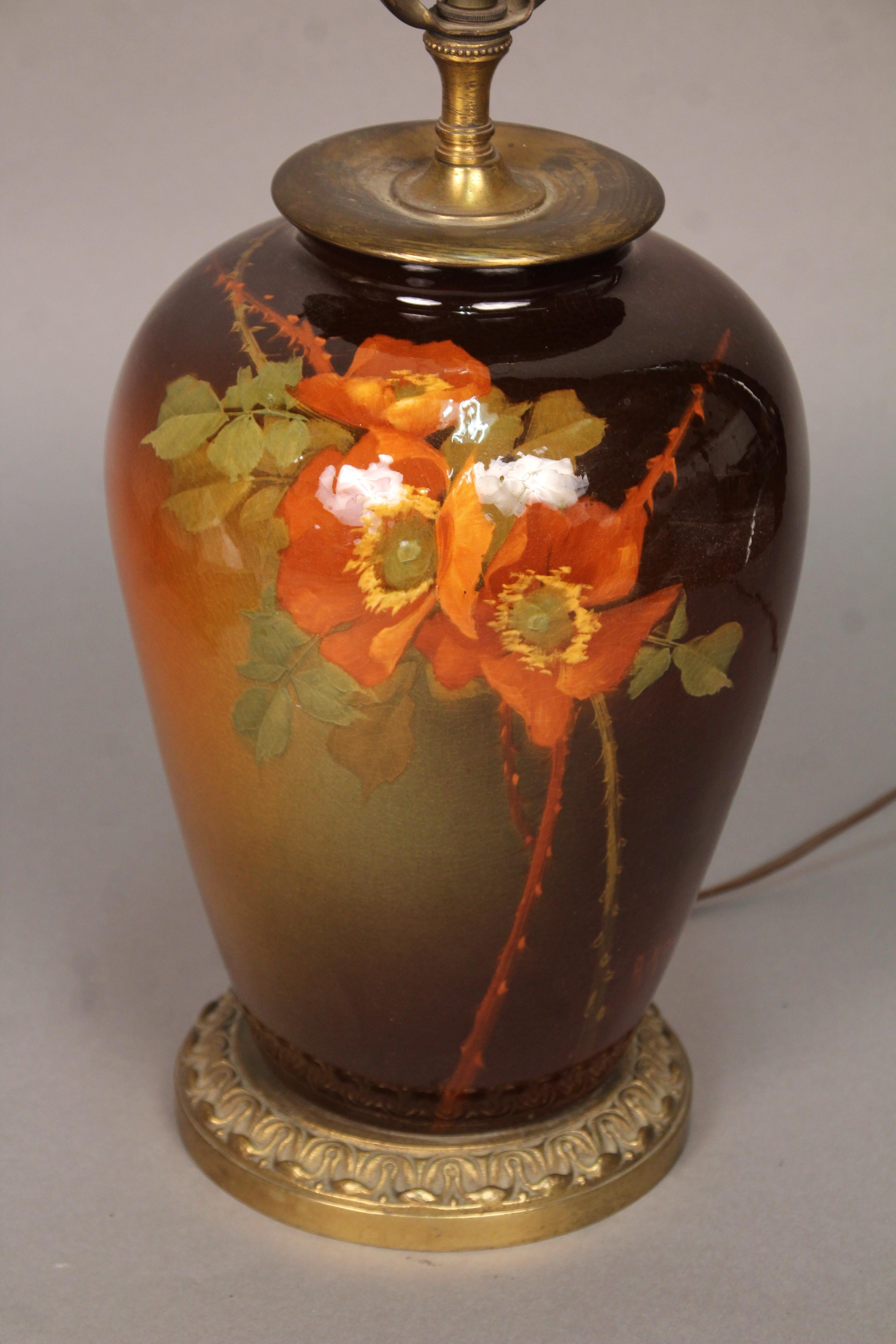 North American Signed Weller Arts & Crafts Lamp with Hand-Painted Poppies by Albert Haubrich