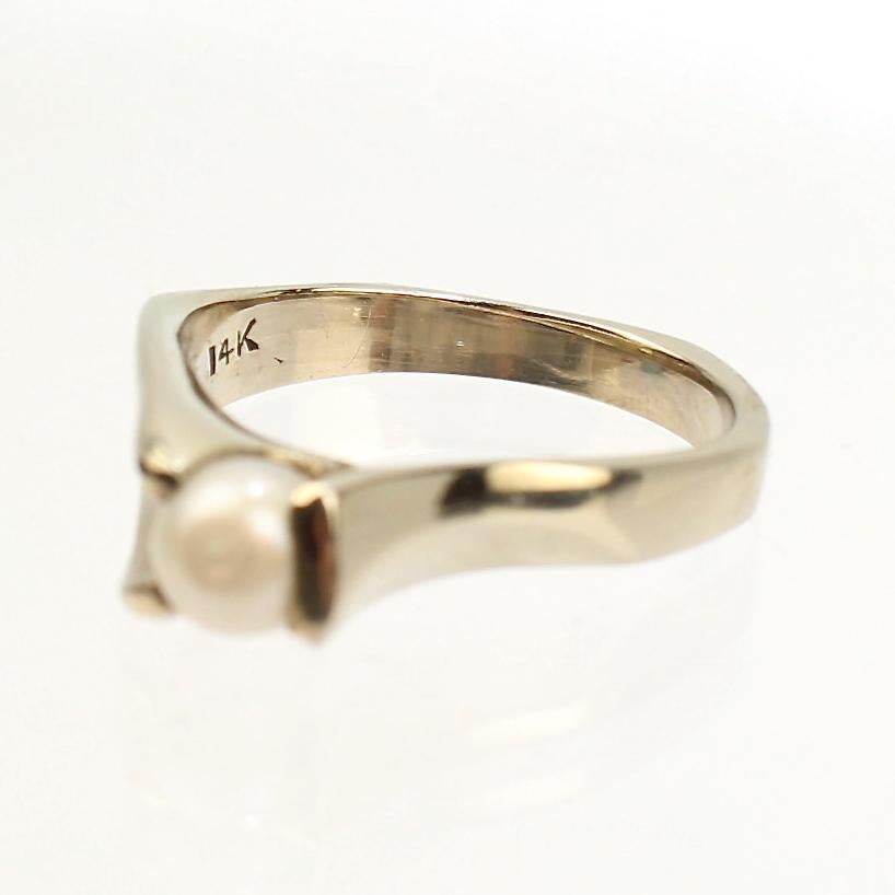 Round Cut Signed Wesley Emmons Asymmetric Modernist 14K Gold & Pearl Cocktail Ring For Sale