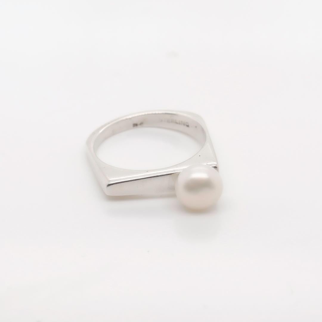 Round Cut Signed Wesley Emmons Bar Top Modernist Sterling Silver & Button Pearl Ring  For Sale