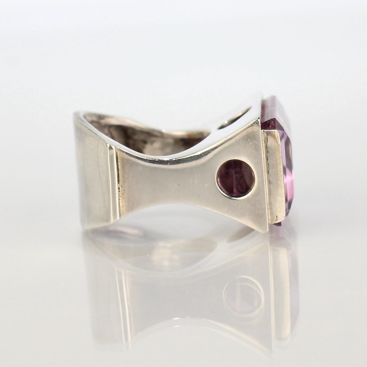 Emerald Cut Signed Wesley Emmons Mid-Century Modern Sterling Silver and Amethyst Ring, 1970s For Sale