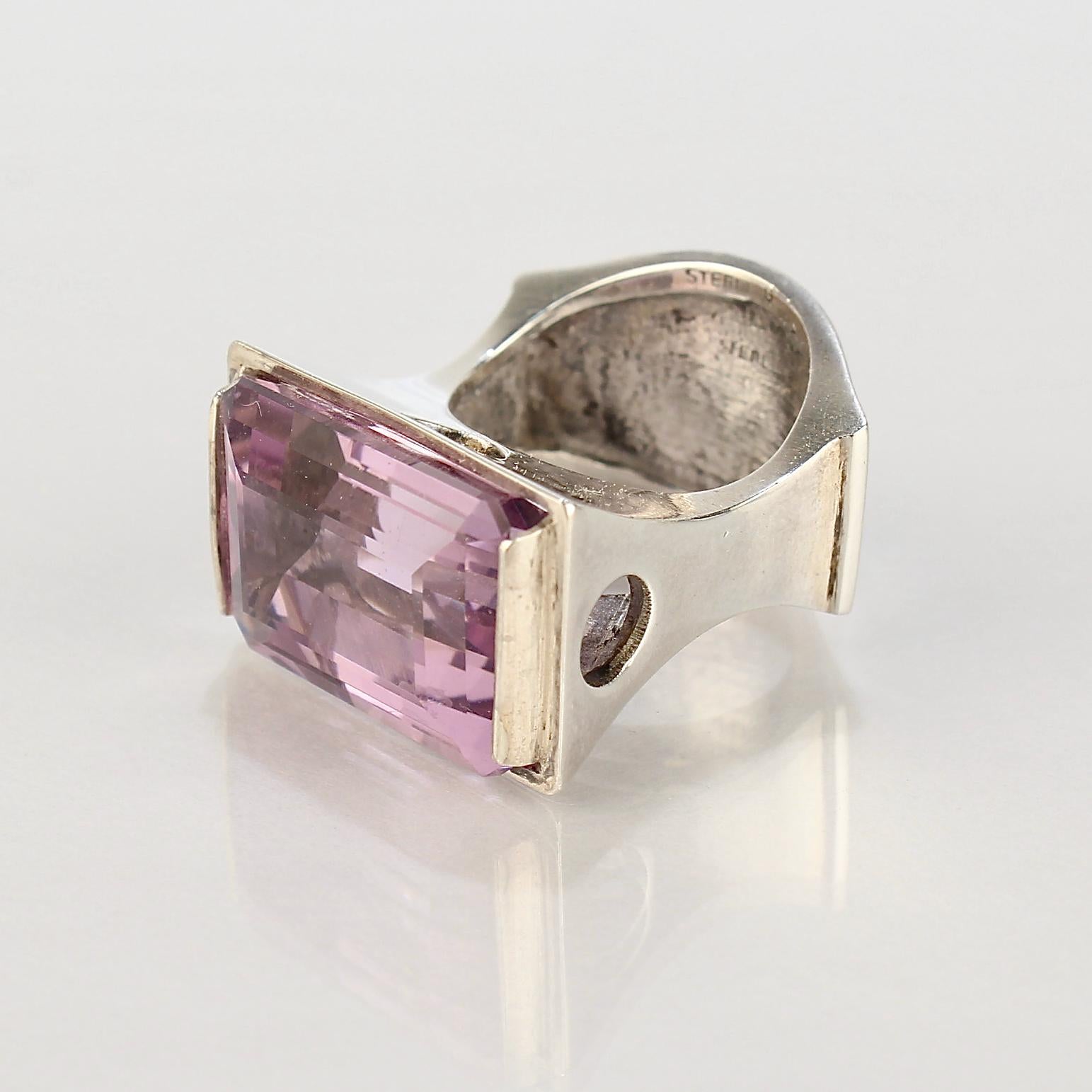 Women's or Men's Signed Wesley Emmons Mid-Century Modern Sterling Silver and Amethyst Ring, 1970s For Sale