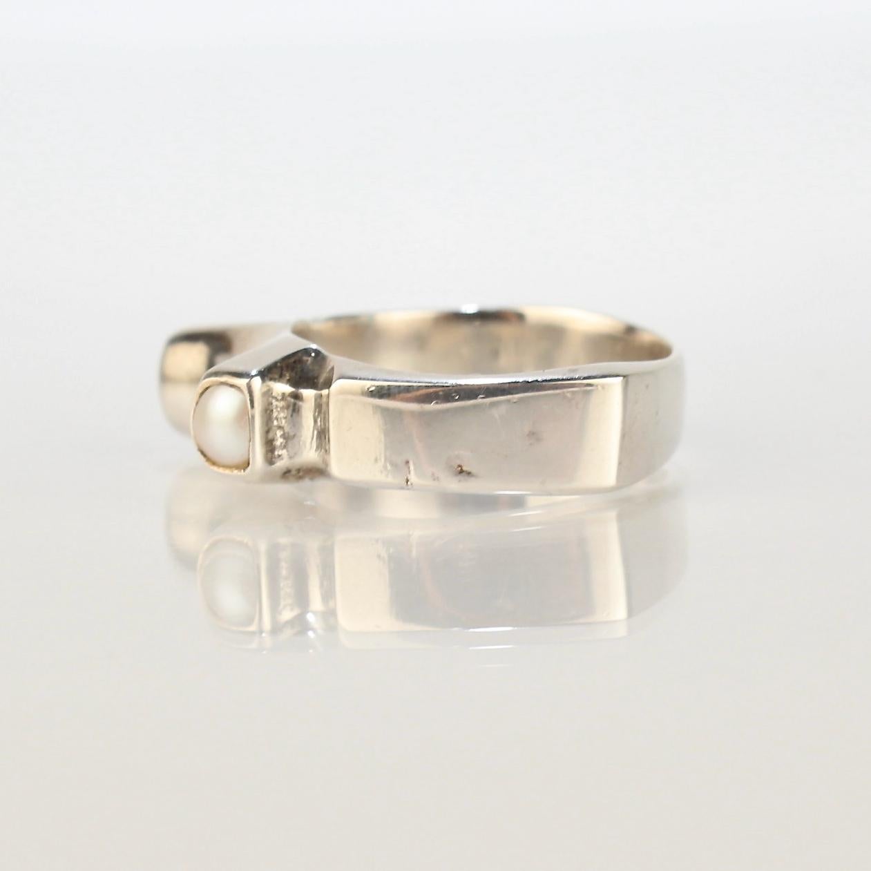 Modernist Signed Wesley Emmons Mid-Century Modern Sterling Silver and Double Pearl Ring For Sale