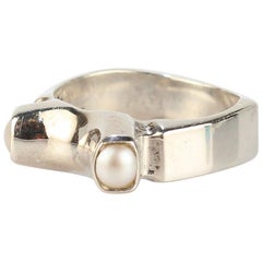 Vintage Signed Wesley Emmons Mid-Century Modern Sterling Silver and Double Pearl Ring