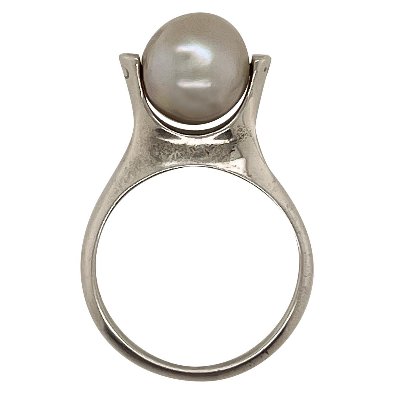 Signed Wesley Emmons Modernist Kinetic Sterling Silver and Baroque Pearl Ring