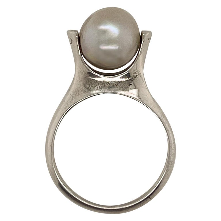Signed Wesley Emmons Modernist Kinetic Sterling Silver and Baroque Pearl  Ring For Sale at 1stDibs