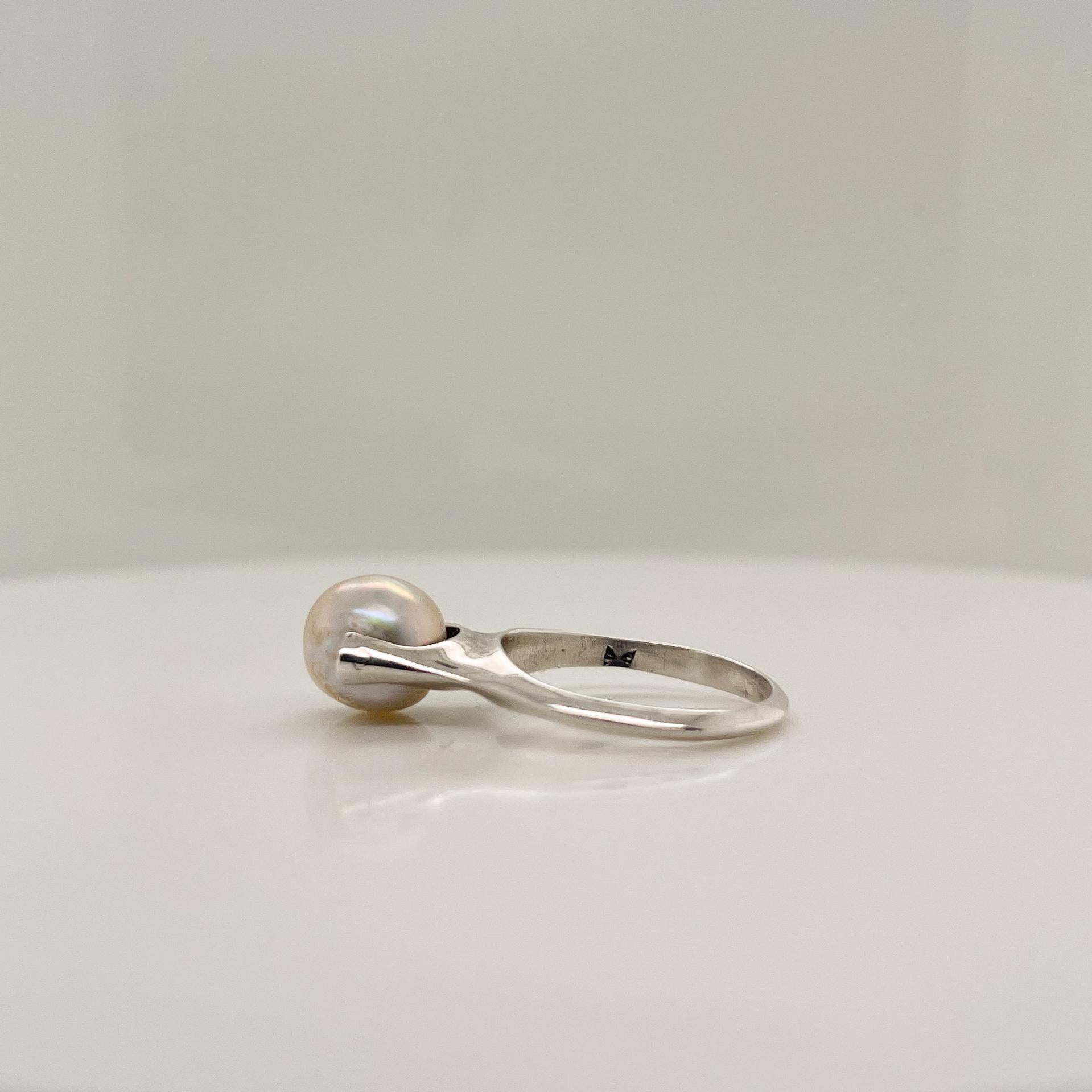Uncut Signed Wesley Emmons Modernist Kinetic Sterling Silver and Baroque Pearl Ring For Sale