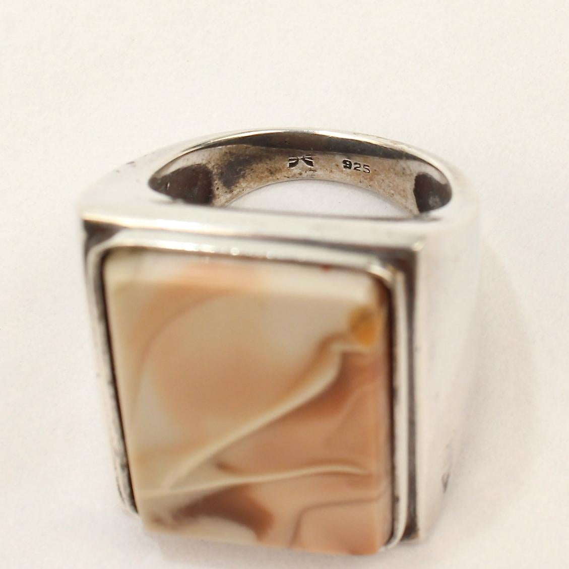 Signed Wesley Emmons Modernist Sterling Silver and Agate Signet Ring For Sale 2