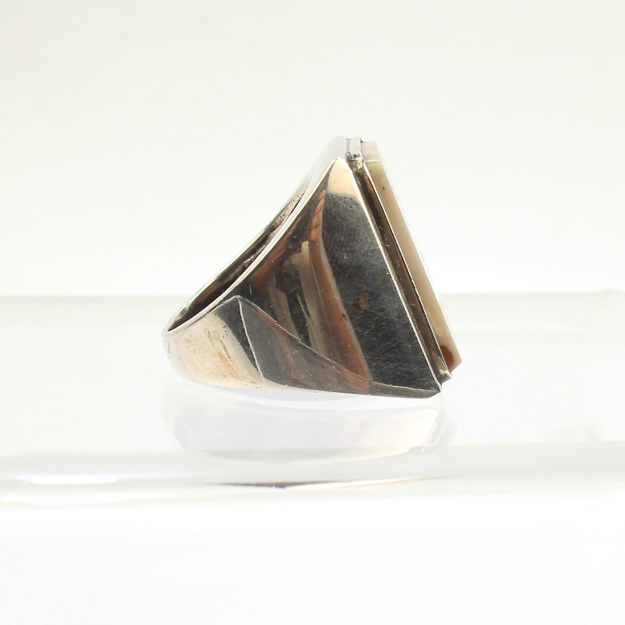 Cabochon Signed Wesley Emmons Modernist Sterling Silver and Agate Signet Ring For Sale