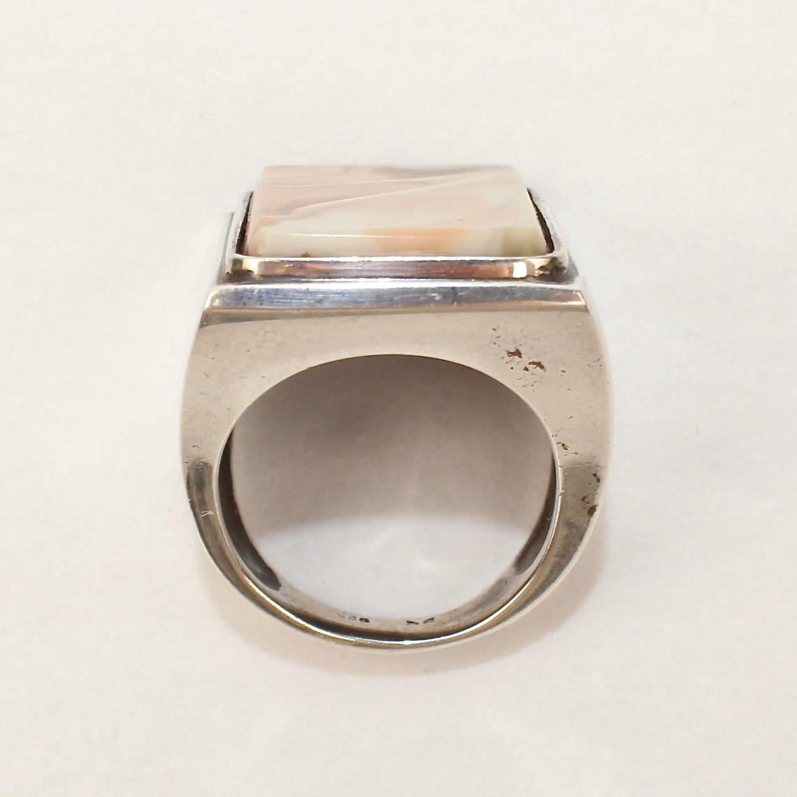 Women's or Men's Signed Wesley Emmons Modernist Sterling Silver and Agate Signet Ring For Sale