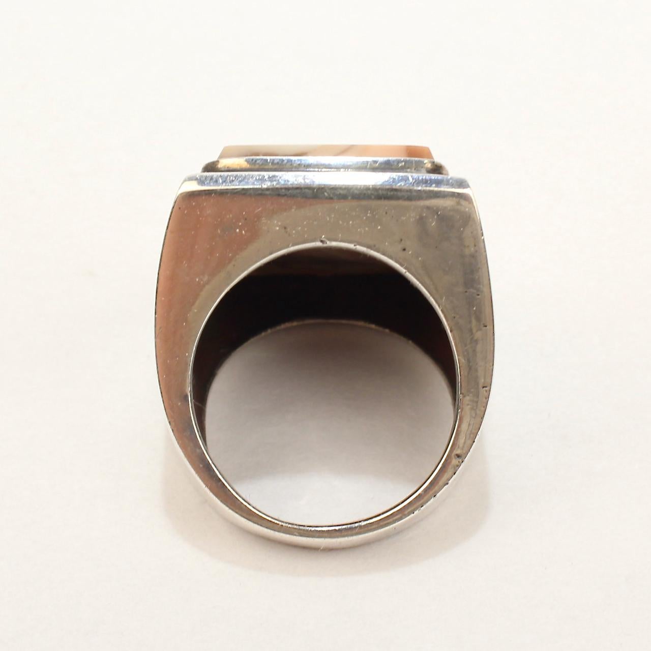 Signed Wesley Emmons Modernist Sterling Silver and Agate Signet Ring For Sale 1