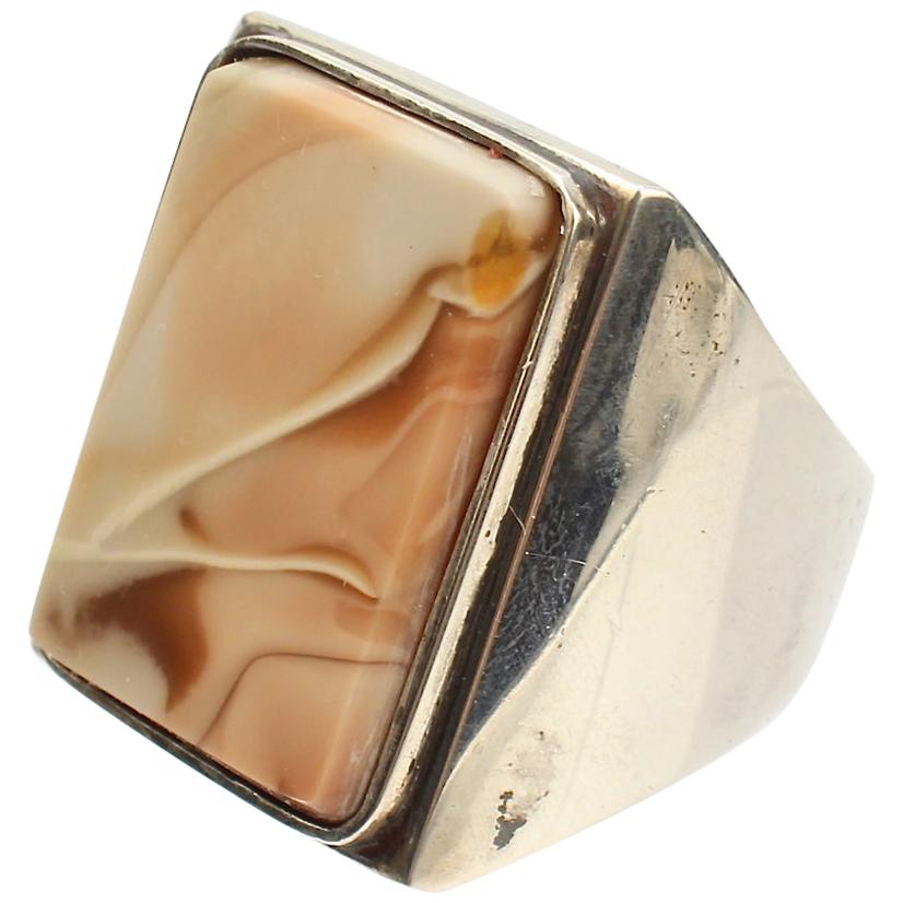 Signed Wesley Emmons Modernist Sterling Silver and Agate Signet Ring