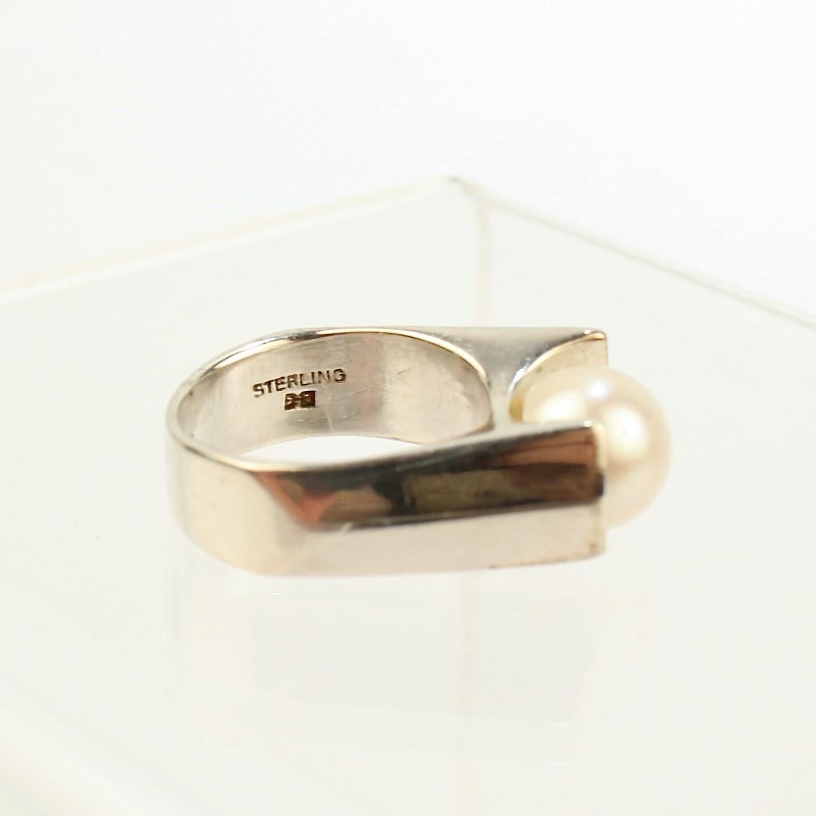 Signed Wesley Emmons Modernist Sterling Silver & Round Pearl Ring 4