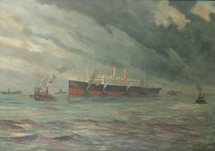 Signed W.H. Austen Bolam, 'Ocean Liner in NY Harbor.' Oil on Canvas, circa 1918