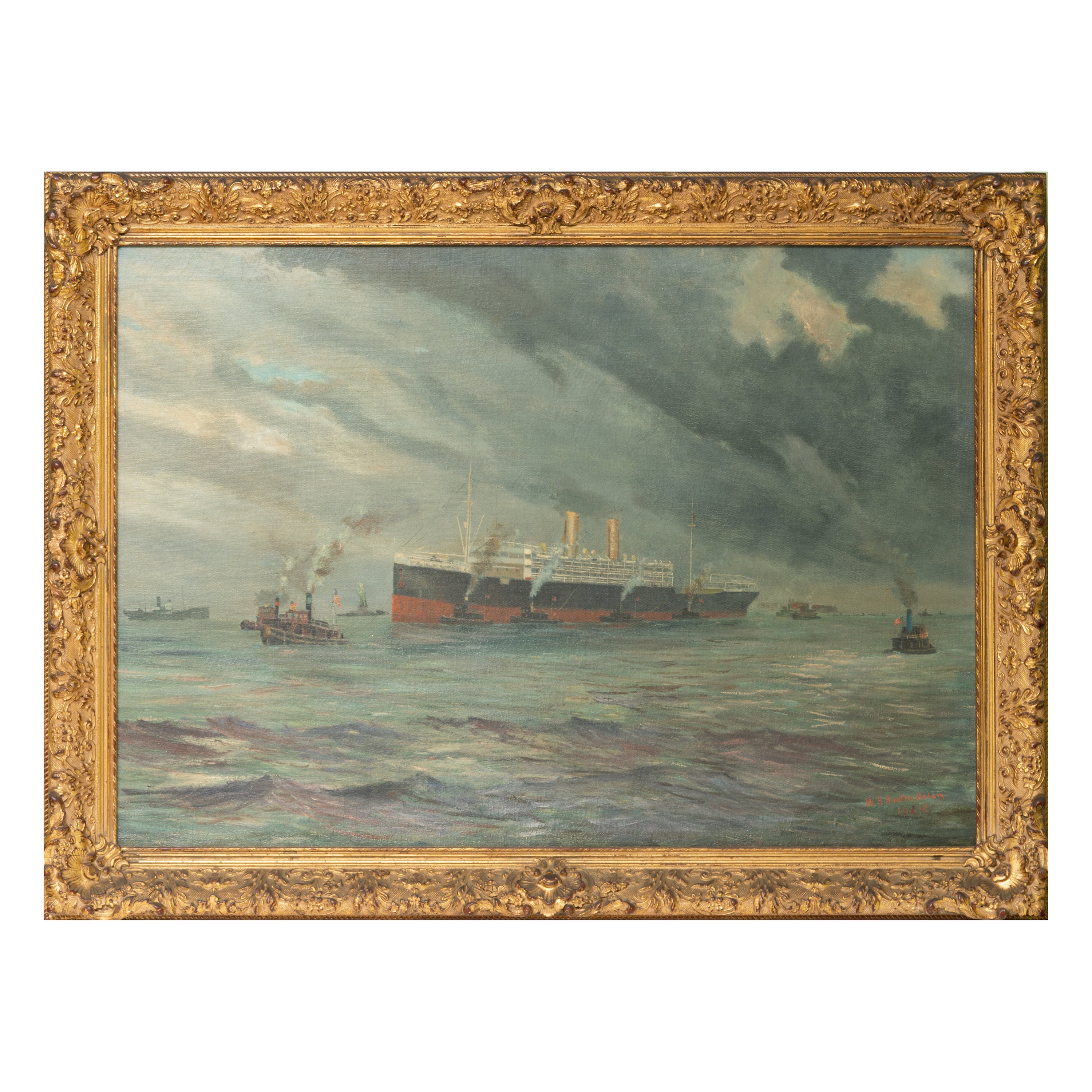 Signed W.H. Austen Bolam, 
Ocean Liner in NY Harbor.
 Oil on Canvas, circa 1918