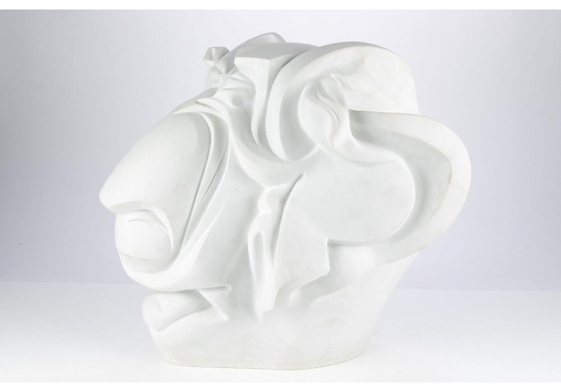 Signed White Stone Carved Head in the Manner of Umberto Boccioni In Good Condition For Sale In Bridgeport, CT