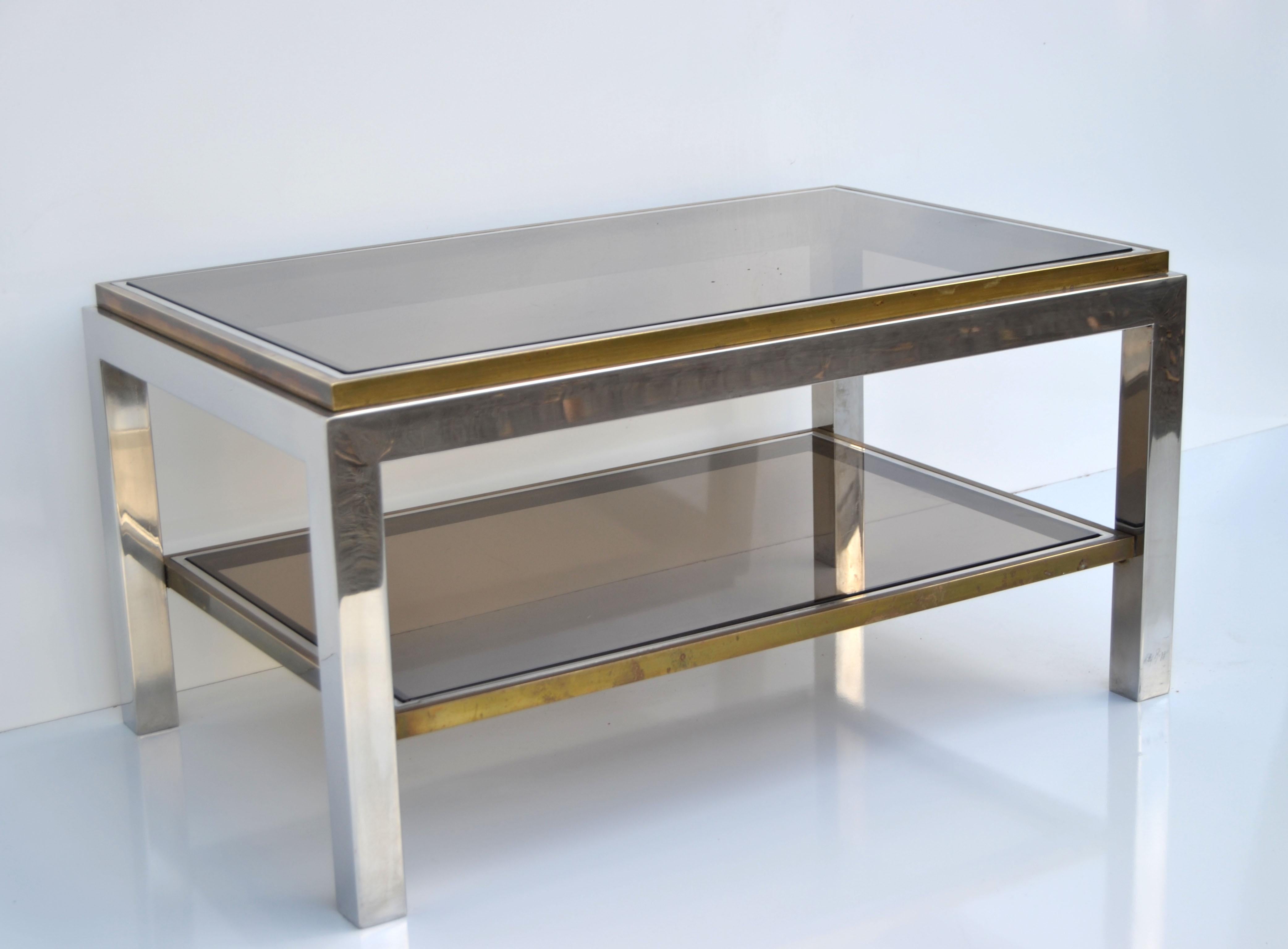 Signed Willy Rizzo Two-Tier Chrome & Brass Coffee Table Smoked Glass Italy 60s For Sale 4