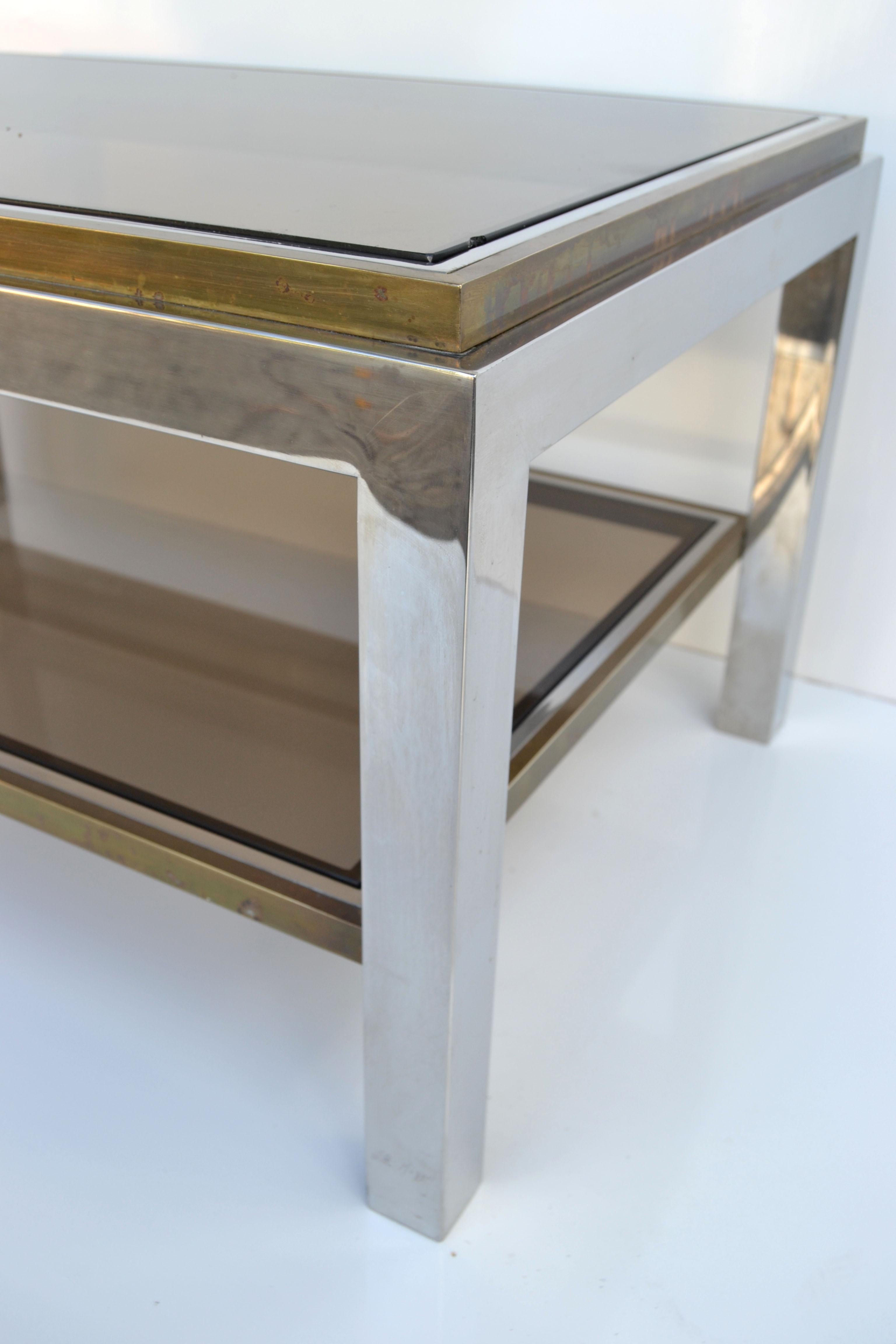 Signed Willy Rizzo Two-Tier Chrome & Brass Coffee Table Smoked Glass Italy 60s For Sale 5