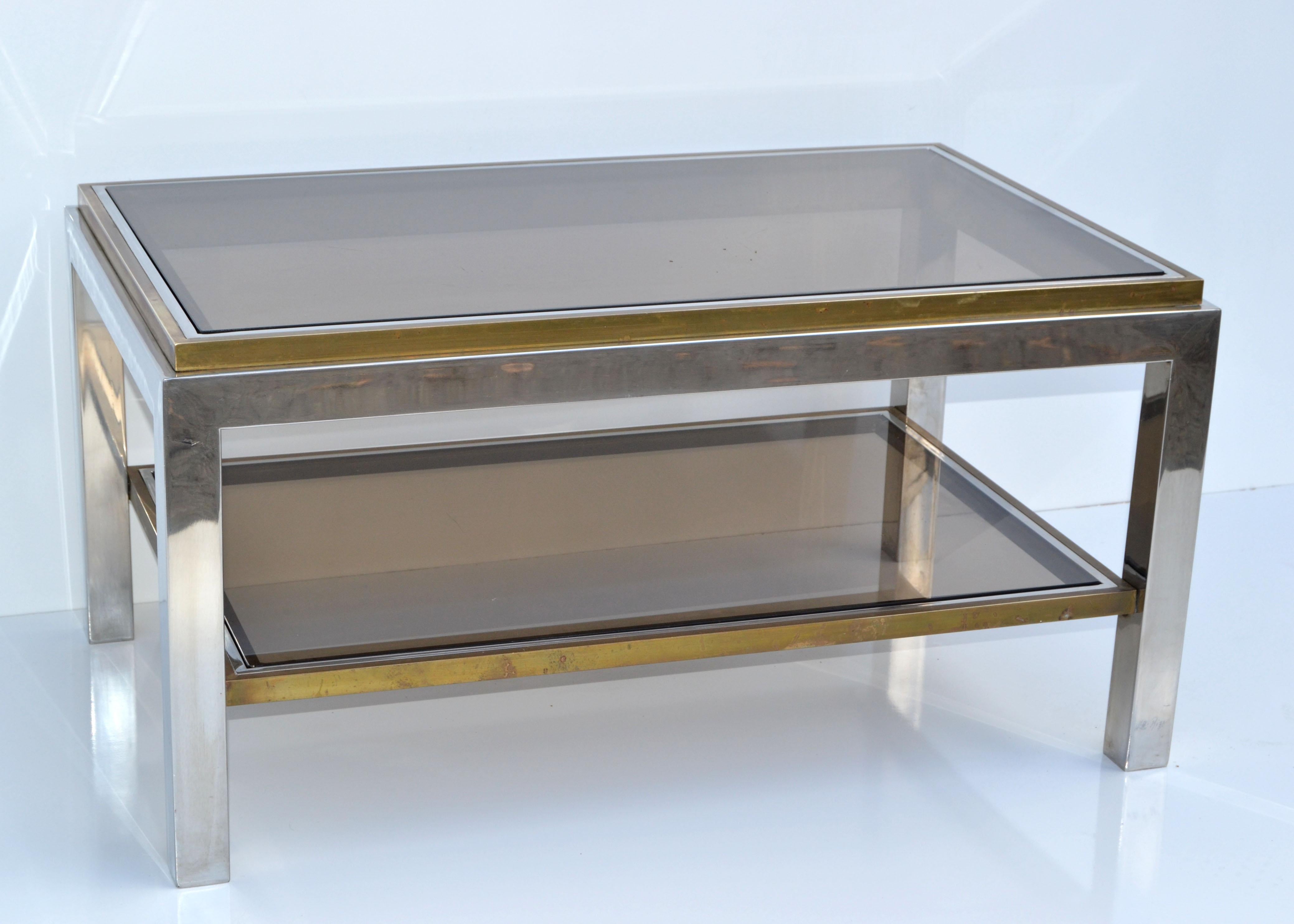 Signed Willy Rizzo Two-Tier Chrome & Brass Coffee Table Smoked Glass Italy 60s For Sale 8