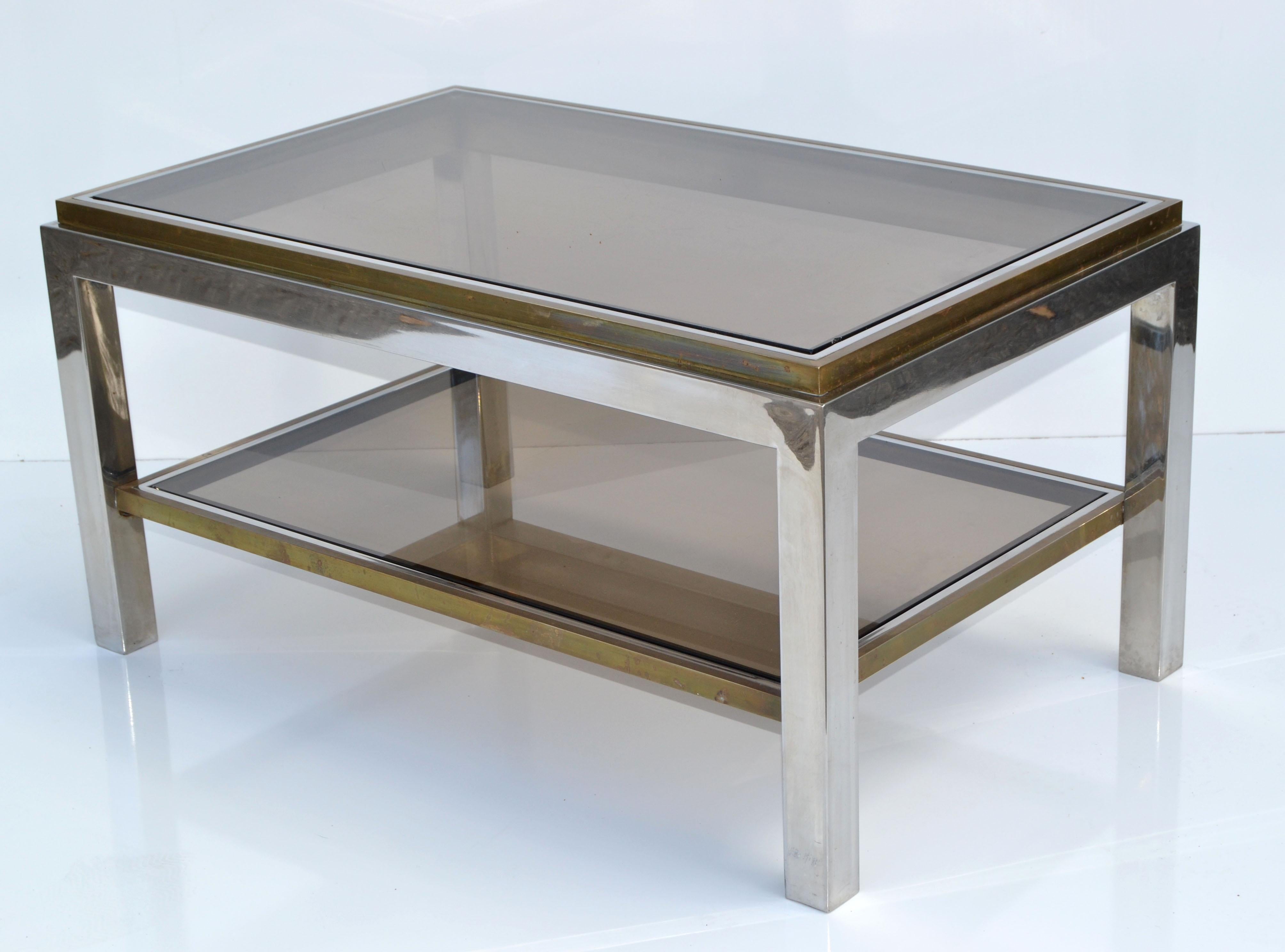 Signed Willy Rizzo Two-Tier Chrome & Brass Coffee Table Smoked Glass Italy 60s For Sale 9