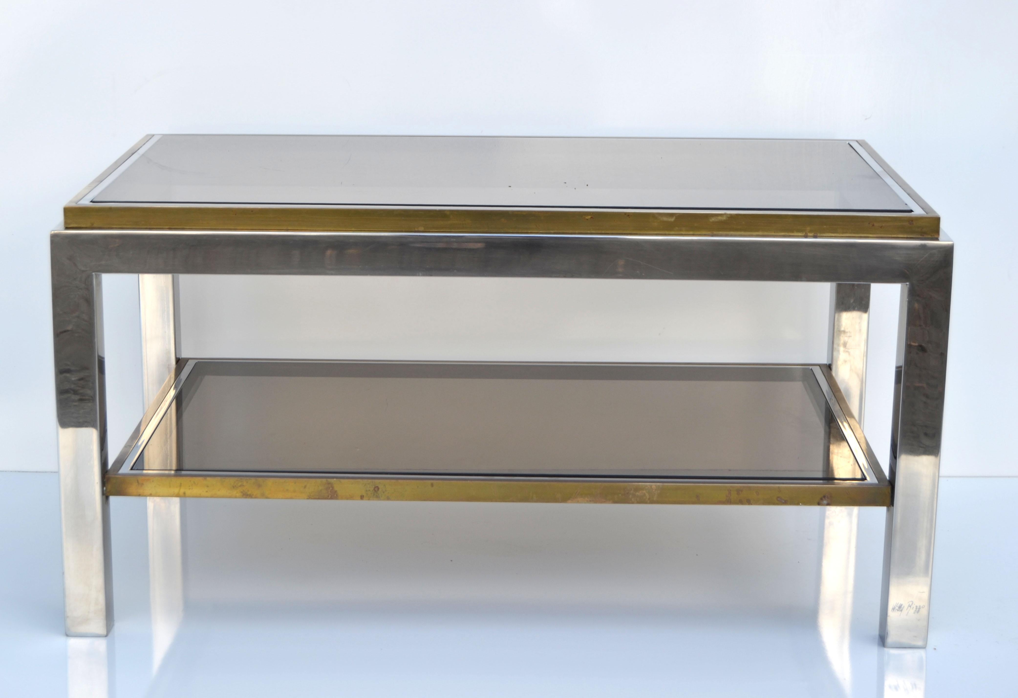 Italian Signed Willy Rizzo Two-Tier Chrome & Brass Coffee Table Smoked Glass Italy 60s For Sale